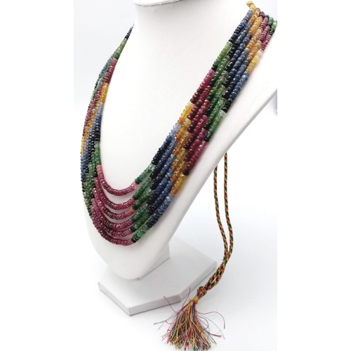 741 - A fabulous 420ctw Ruby, Emerald and Sapphire multi-strain necklace with Asian embroidered influences... 