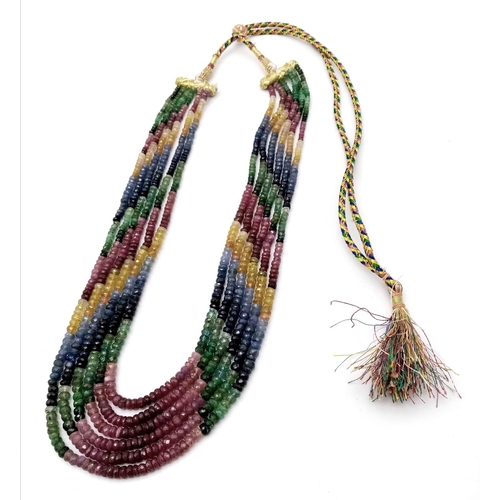 741 - A fabulous 420ctw Ruby, Emerald and Sapphire multi-strain necklace with Asian embroidered influences... 