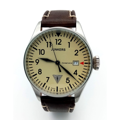 955 - A German Junkers Cockpit Quartz Gents Watch. Brown leather strap. Stainless steel case - 40mm. Beige... 