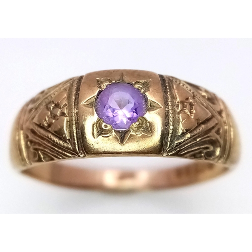 1400 - A Vintage 9K Yellow Gold Amethyst Solitaire Ring. Size K. 2.07g total weight.