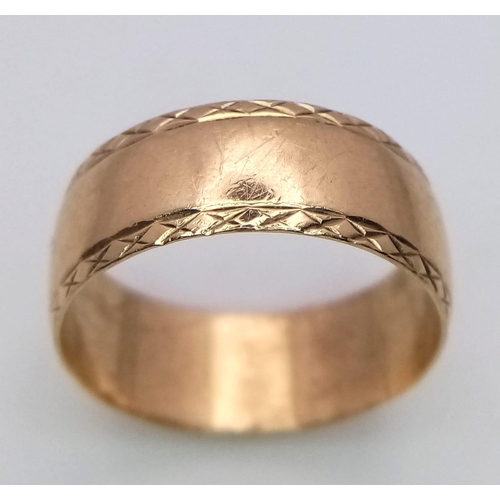 1491 - A Vintage 9K Yellow Gold Band Ring. Size O. 3.47g weight. Full UK hallmarks.