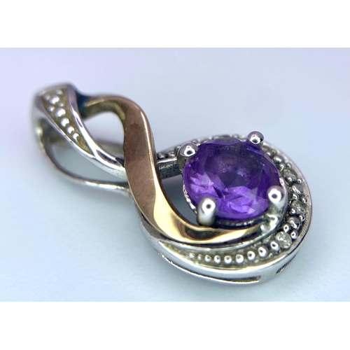 1656 - A 9K White and Yellow Gold, Amethyst with Diamonds Pendant. 20mm. 1.1g total weight.