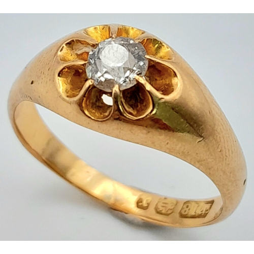 1582 - An 18K Yellow Gold and Diamond Solitaire Ring. Central brilliant round cut diamond - 0.25ct. Size P.... 