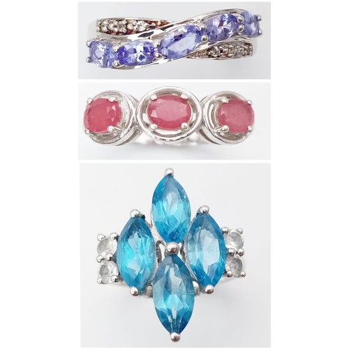 1711 - Three 925 Silver Gemstone Rings: Amethyst - R, Aquamarine - P and Ruby - P. 11.28g total weight.