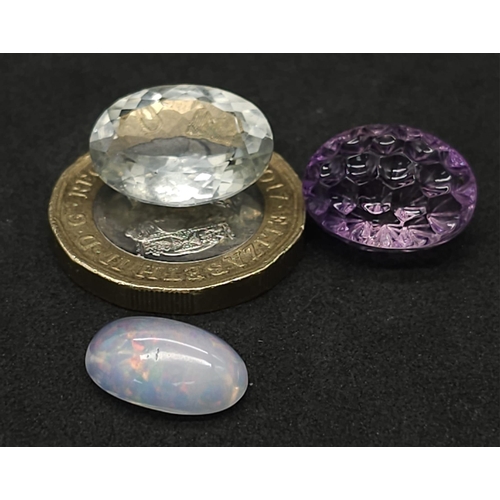 2891 - Three Certificated Gemstones: 9.59ct amethyst, 3.43ct Ethiopian opal and a 7.92ct light green prasio... 