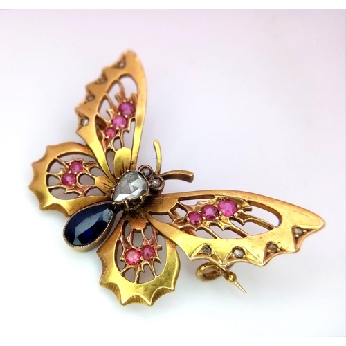 398 - Joy to the World! A Victorian 18K Yellow Gold, Sapphire Diamond and Ruby Butterfly Brooch. An old cu... 