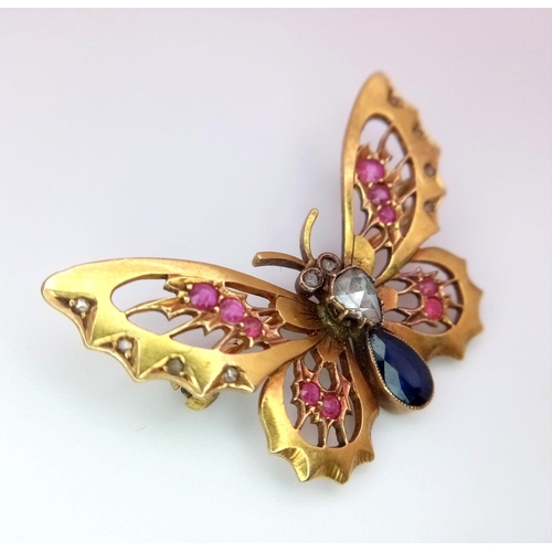 398 - Joy to the World! A Victorian 18K Yellow Gold, Sapphire Diamond and Ruby Butterfly Brooch. An old cu... 