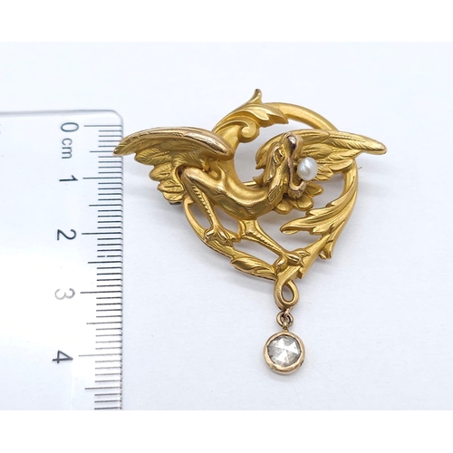 1268 - WITHDRAWN
An 18K Yellow Gold, Pearl and Diamond Brooch. The classic tale of the dragon and the pearl... 