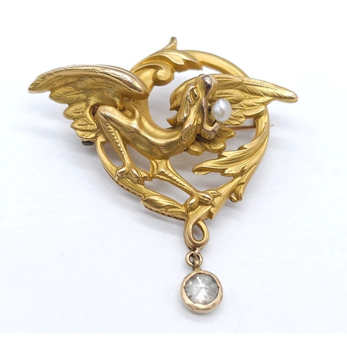 1268 - WITHDRAWN
An 18K Yellow Gold, Pearl and Diamond Brooch. The classic tale of the dragon and the pearl... 