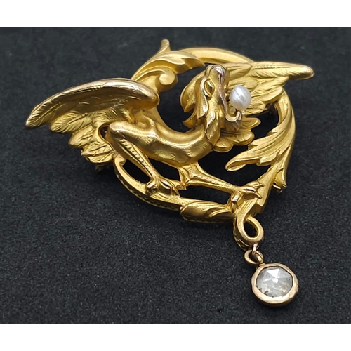 1268 - WITHDRAWN
An 18K Yellow Gold, Pearl and Diamond Brooch. The classic tale of the dragon and the pearl... 