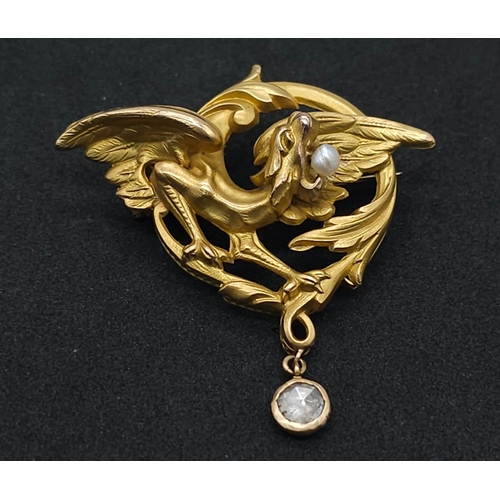 1268 - WITHDRAWN
An 18K Yellow Gold, Pearl and Diamond Brooch. The classic tale of the dragon and the pearl... 