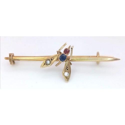 2897 - An Antique Victorian High-Karat Gold Fly Brooch. Sapphire and ruby body with pearl wings. 3.5cm. 1.1... 