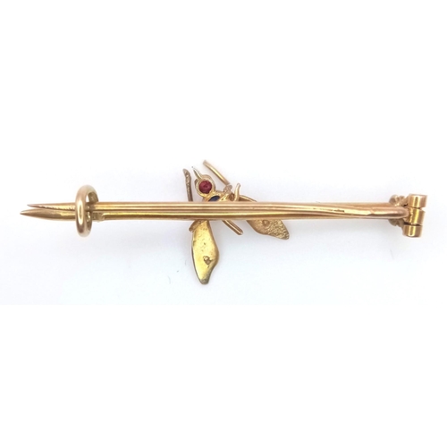 2897 - An Antique Victorian High-Karat Gold Fly Brooch. Sapphire and ruby body with pearl wings. 3.5cm. 1.1... 