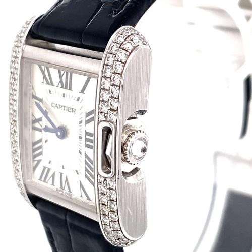 76 - 18K WHITE GOLD DIAMOND CARTIER TANK ANGLAIS WATCH, SQUARE FACE ROMAN DIALS AND DIAMOND BEZEL, BLACK ... 