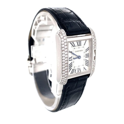 76 - 18K WHITE GOLD DIAMOND CARTIER TANK ANGLAIS WATCH, SQUARE FACE ROMAN DIALS AND DIAMOND BEZEL, BLACK ... 