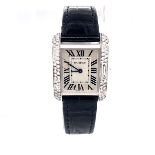 76 - 18K WHITE GOLD DIAMOND CARTIER TANK ANGLAIS WATCH, SQUARE FACE ROMAN DIALS AND DIAMOND BEZEL, BLACK ... 