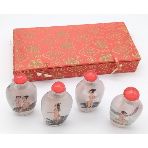 103 - A vintage and collectable group of four Chinese, glass snuff bottles (or perfume bottles) with intri... 