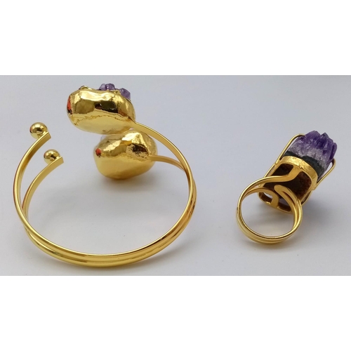 110 - A uniquely created, heavily gilded, bangle and ring set with a large natural bouquet of amethyst cry... 