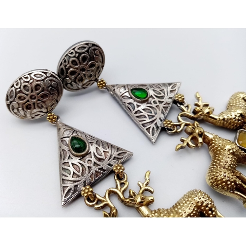 1140 - A Pair of Elaborate Gilded Reindeer Drop Earrings. Set amongst green and white stones on 925 silver.... 