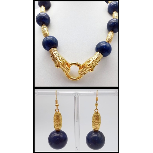 117 - A majestic lapis lazuli and gold-filled Chinese dragons necklace and earrings set in a presentation ... 