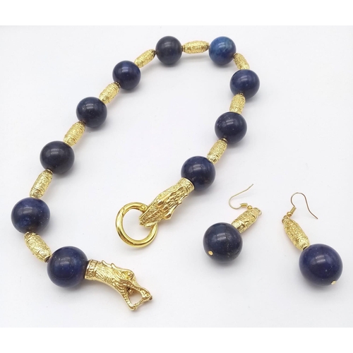 117 - A majestic lapis lazuli and gold-filled Chinese dragons necklace and earrings set in a presentation ... 