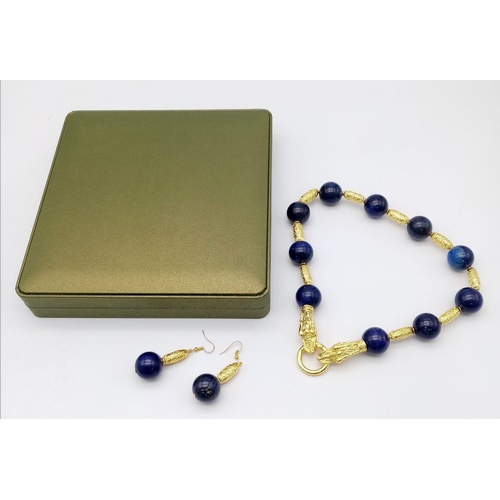 117 - A majestic lapis lazuli and gold-filled Chinese dragons necklace and earrings set in a presentation ... 