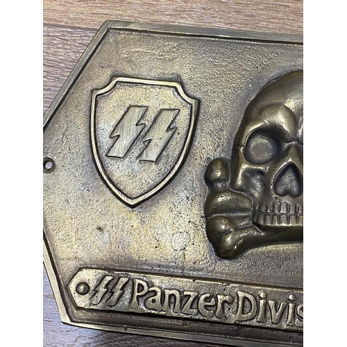 309 - A German WW2 Panzer Division Totenkopf Brass Plaque - with the death head and SS runes either side. ... 