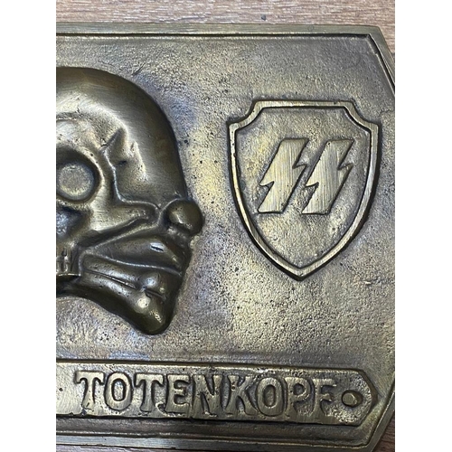 309 - A German WW2 Panzer Division Totenkopf Brass Plaque - with the death head and SS runes either side. ... 