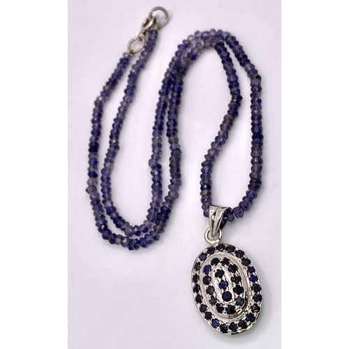 349 - A Blue Sapphire Necklace & Drop Pendant Plus a pair of sapphire cluster Earrings. All Set in 925 Ste... 