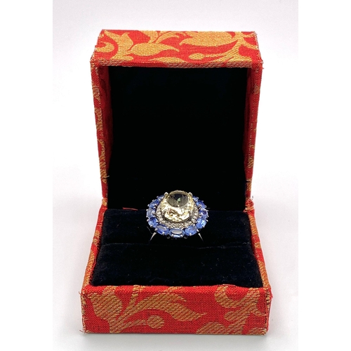 350 - A Citrine & Kyanite and Rose cut Diamond Ring. Set in 925 Sterling silver. Citrine- 7.35ct.  Kyanite... 