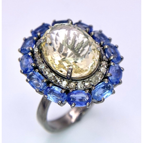 350 - A Citrine & Kyanite and Rose cut Diamond Ring. Set in 925 Sterling silver. Citrine- 7.35ct.  Kyanite... 