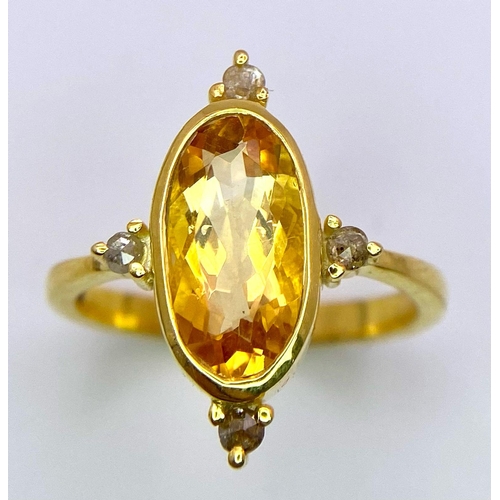 364 - A Citrine and Rose cut Diamond Gold Plated 925 Silver Ring. Citrine - 2.70ct. Diamonds- 0.20ctw. Siz... 