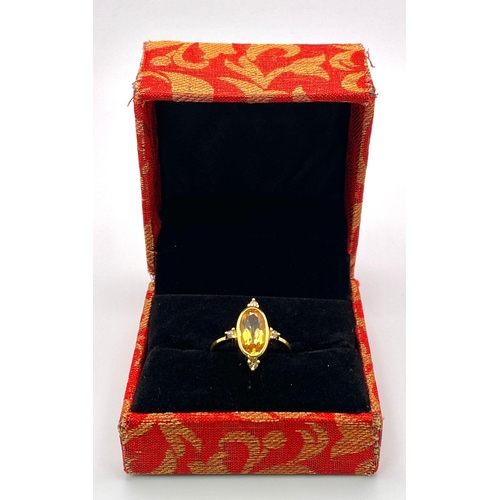 364 - A Citrine and Rose cut Diamond Gold Plated 925 Silver Ring. Citrine - 2.70ct. Diamonds- 0.20ctw. Siz... 