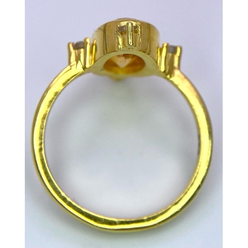 364 - A Citrine and Rose cut Diamond Gold Plated 925 Silver Ring. Citrine - 2.70ct. Diamonds- 0.20ctw. Siz... 