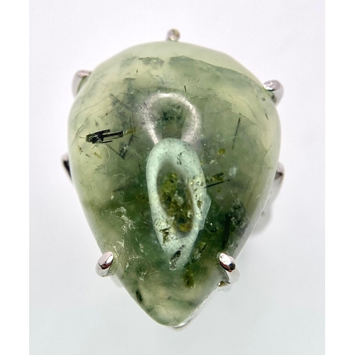 371 - A Moss Agate Pear Shaped Gemstone Ring. Set in 925 Sterling silver. Size O. 21.56g total weight. Com... 