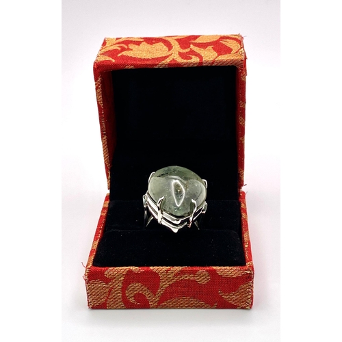 371 - A Moss Agate Pear Shaped Gemstone Ring. Set in 925 Sterling silver. Size O. 21.56g total weight. Com... 