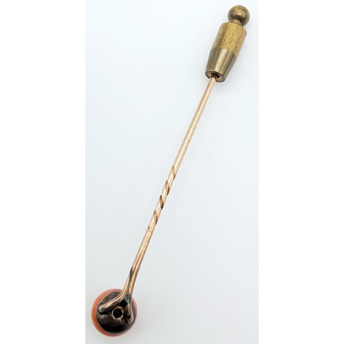 393 - A Fabulous Antique Mid-Karat Gold, Diamond and Red Coral Stick Pin. Note: the attachment is not gold... 