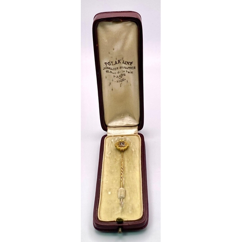 424 - An Antique Mid-Karat Gold and Diamond Stick-Pin. 6.5cm. Comes with its original French case. 1.52g t... 