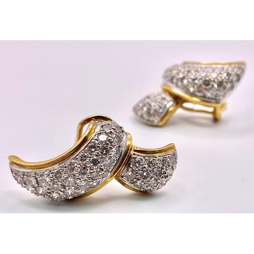 8 - A Gorgeous Pair of Rich 18K Yellow Gold and Diamond Earrings. Abstract shapes filled with 2ct of bri... 