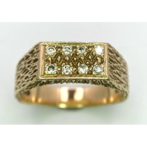 848 - A Vintage 9K Yellow Gold and Diamond Signet Ring with Bark-Effect Decoration Throughout. Size Q/R. 6... 