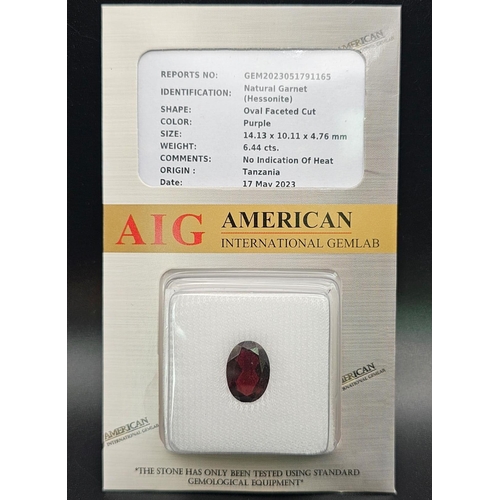 1107 - A 6.44ct Tanzanian Hessonite Garnet Gemstone. AGI American Lab Certified. Comes in a sealed containe... 