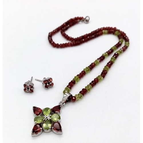 805 - A Peridot and Garnet Necklace with Drop Pendant. Necklace -44cm. Pendant 3.5cm - Plus a pair of garn... 