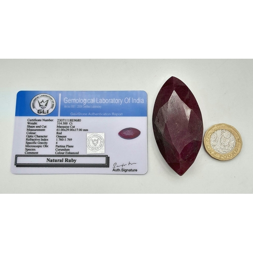 1198 - A 314.50ct Faceted Ruby. Marquise Shape. GLI Certified.