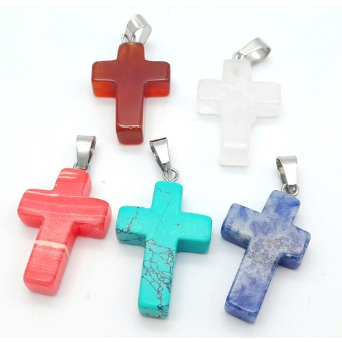 857 - Five Different Types of Gemstone Cross Pendant. 3.5cm. Includes turquoise and carnelian.