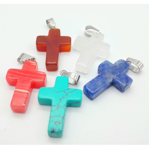 857 - Five Different Types of Gemstone Cross Pendant. 3.5cm. Includes turquoise and carnelian.