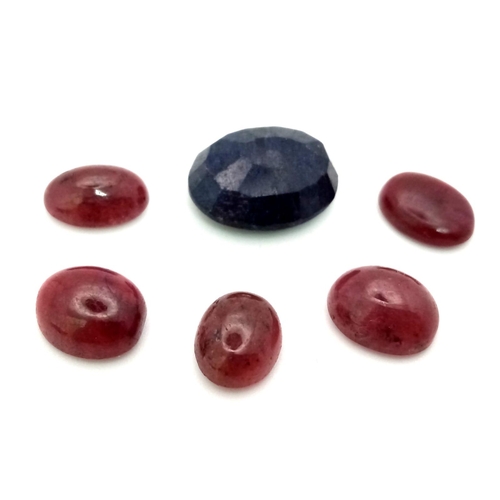 785 - A lot of 39.90Ct Gemstones. 5 Cabochon Ruby & A Faceted Blue Sapphire. Oval Shapes.