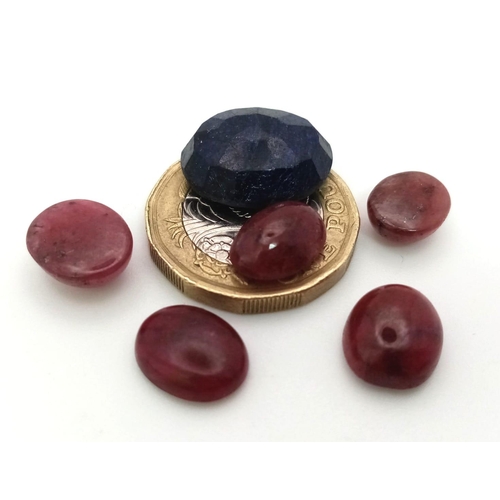 785 - A lot of 39.90Ct Gemstones. 5 Cabochon Ruby & A Faceted Blue Sapphire. Oval Shapes.