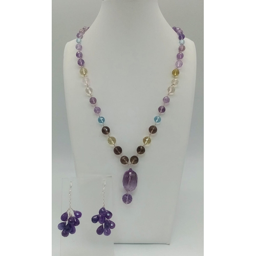 792 - An Amethyst, Citrine Necklace with Amethyst drop Earrings on 925 Silver. Necklace Length 60cm, Earri... 