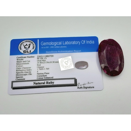 813 - A 90.10 Ct Faceted Colour Enhanced Ruby in Oval Shape. GLI Certified.