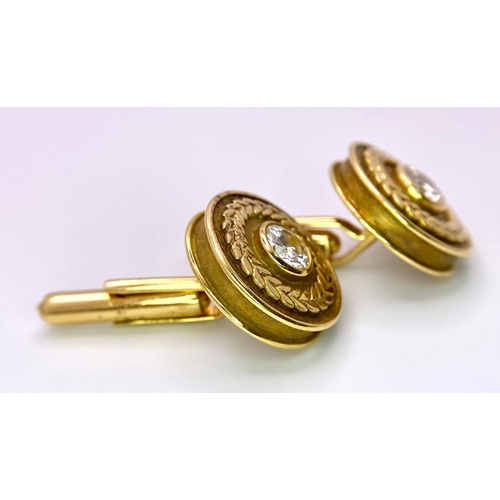 347 - A Pair of Designer Theo Fennell 18k Yellow Gold and Diamond Cufflinks. Two brilliant round cut diamo... 